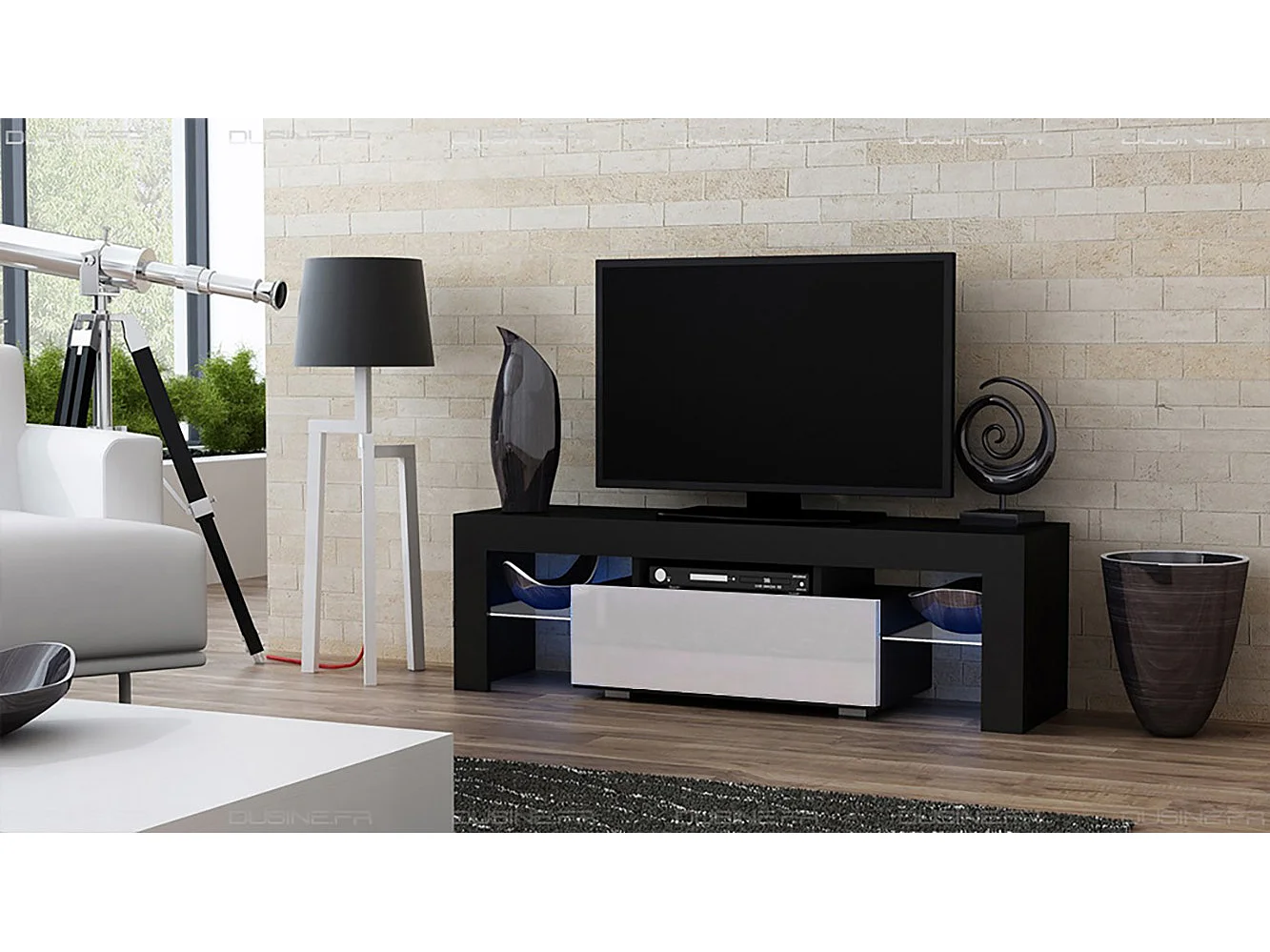 Meuble TV SPIDER A LED en MAT Noir avec porte Blanc Laqué 130 cm