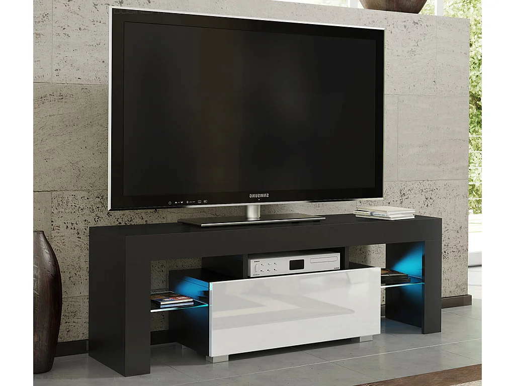 Meuble TV SPIDER A LED en MAT Noir avec porte Blanc Laqué 130 cm