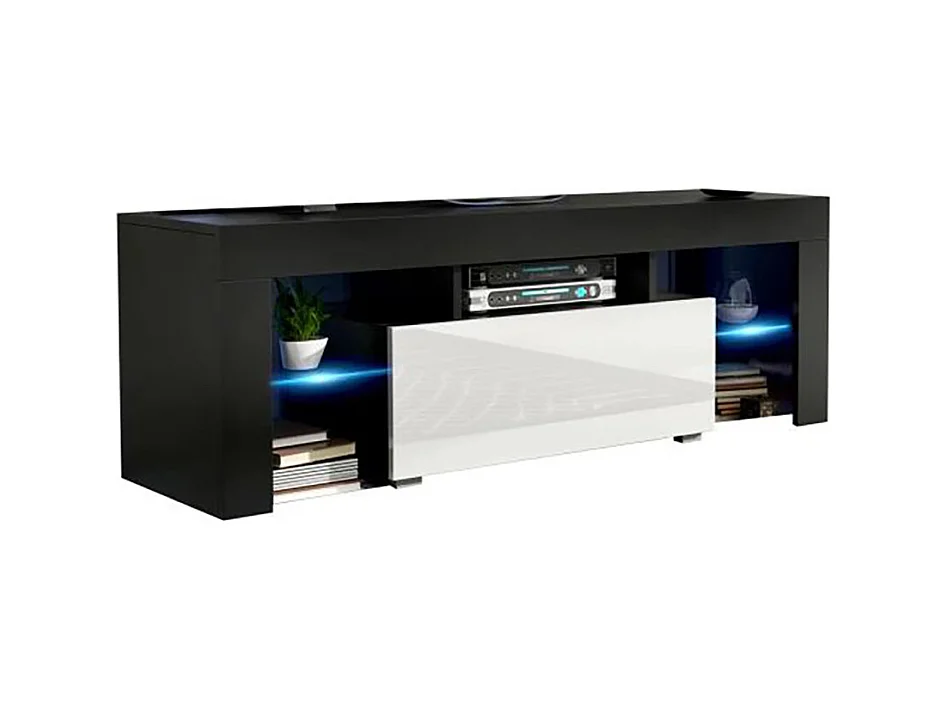 Meuble TV SPIDER A LED en MAT Noir avec porte Blanc Laqué 130 cm