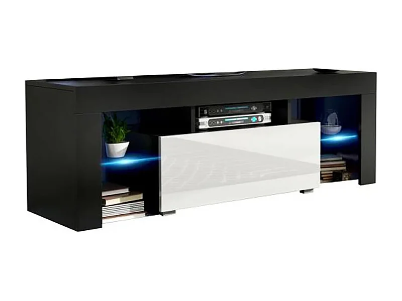 Meuble TV SPIDER A LED en MAT Noir avec porte Blanc Laqué 130 cm