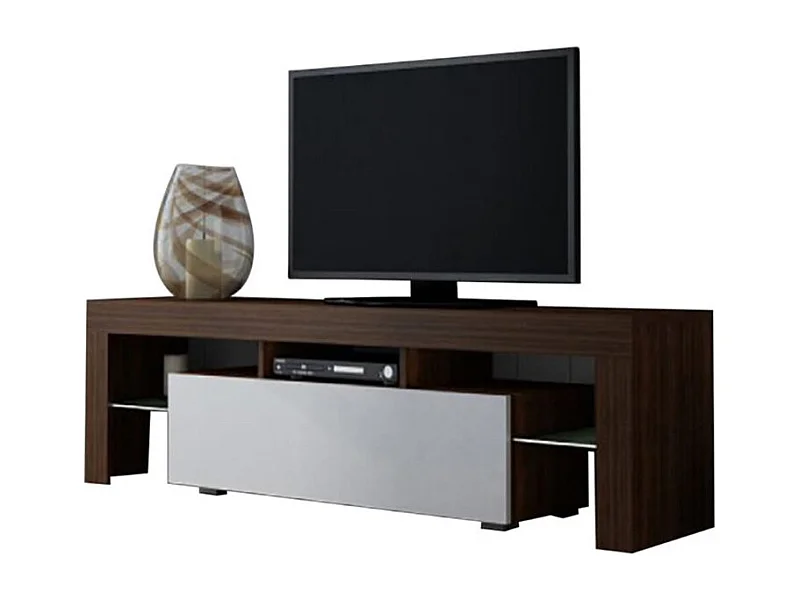 Meuble TV SPIDER A LED en Noyer MAT avec porte Blanc Laqué 160 cm