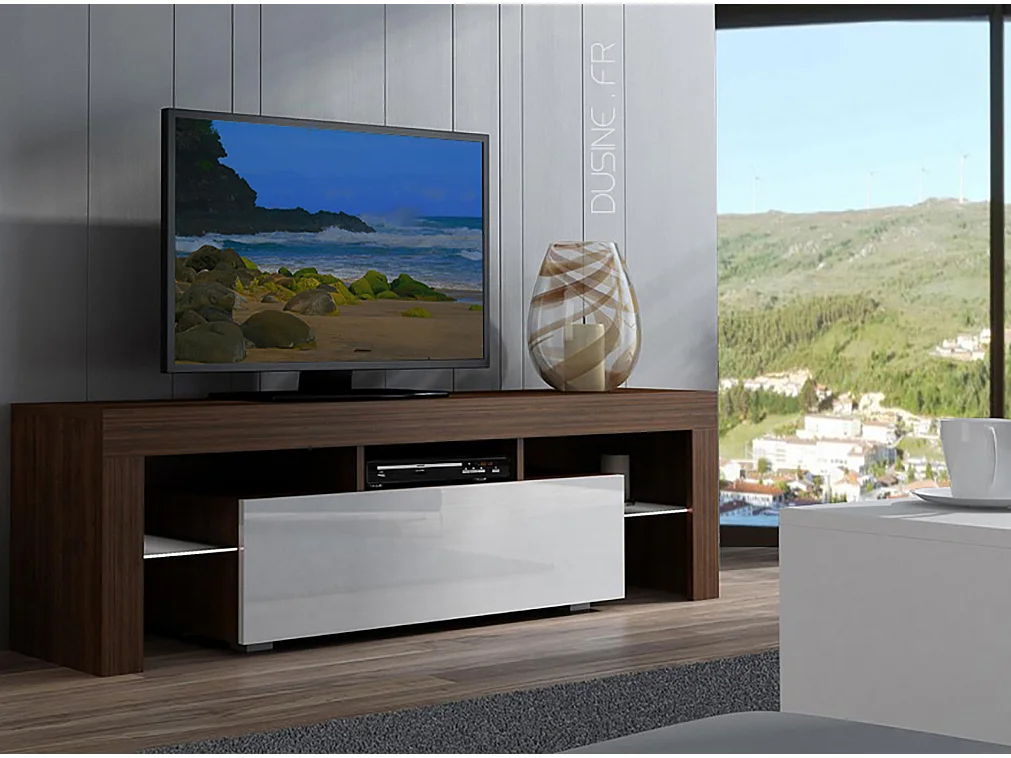 Meuble TV SPIDER A LED en Noyer MAT avec porte Blanc Laqué 160 cm