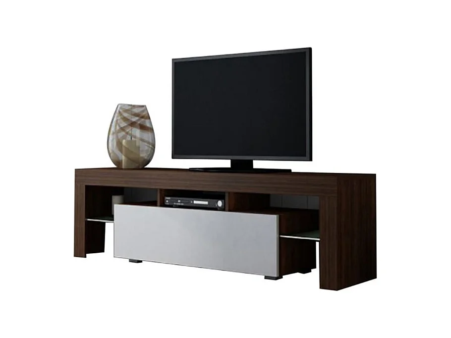 Meuble TV SPIDER A LED en Noyer MAT avec porte Blanc Laqué 160 cm