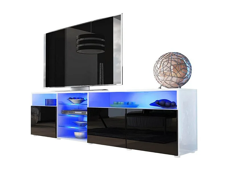 MEUBLE TV MASSIMO 200 cm Blanc Mat et portes Noir Laquées LED RGB