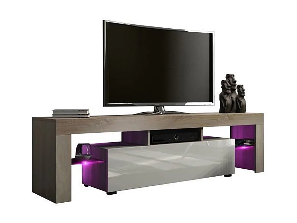 Meuble TV SPIDER A LED en Chêne MAT avec porte Blanc Laqué 160 cm