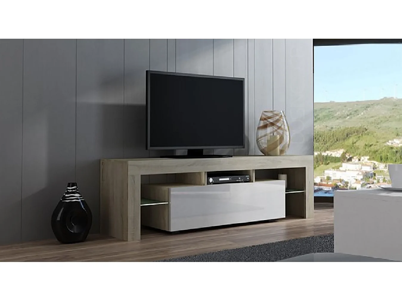 Meuble TV SPIDER A LED en Chêne MAT avec porte Blanc Laqué 160 cm