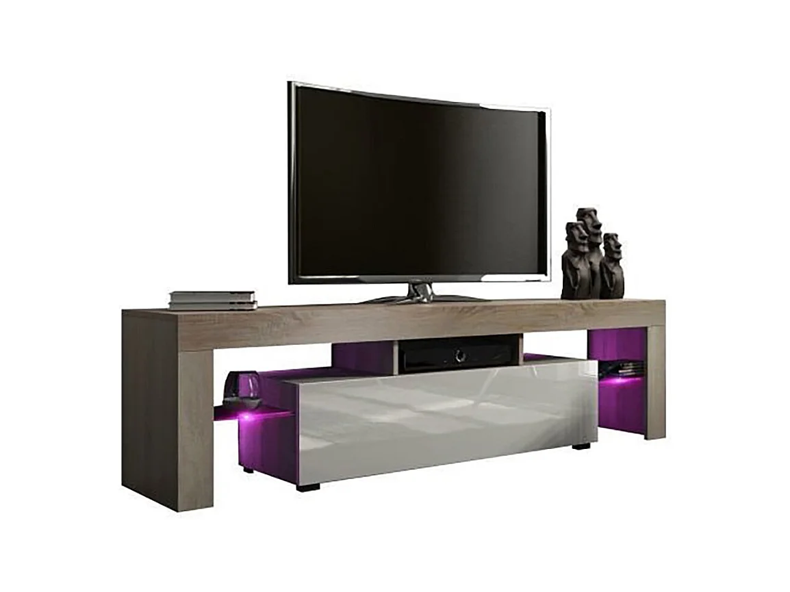 Meuble TV SPIDER A LED en Chêne MAT avec porte Blanc Laqué 160 cm
