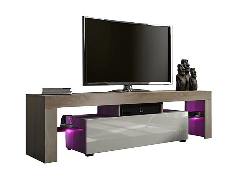 Meuble TV SPIDER A LED en Chêne MAT avec porte Blanc Laqué 160 cm