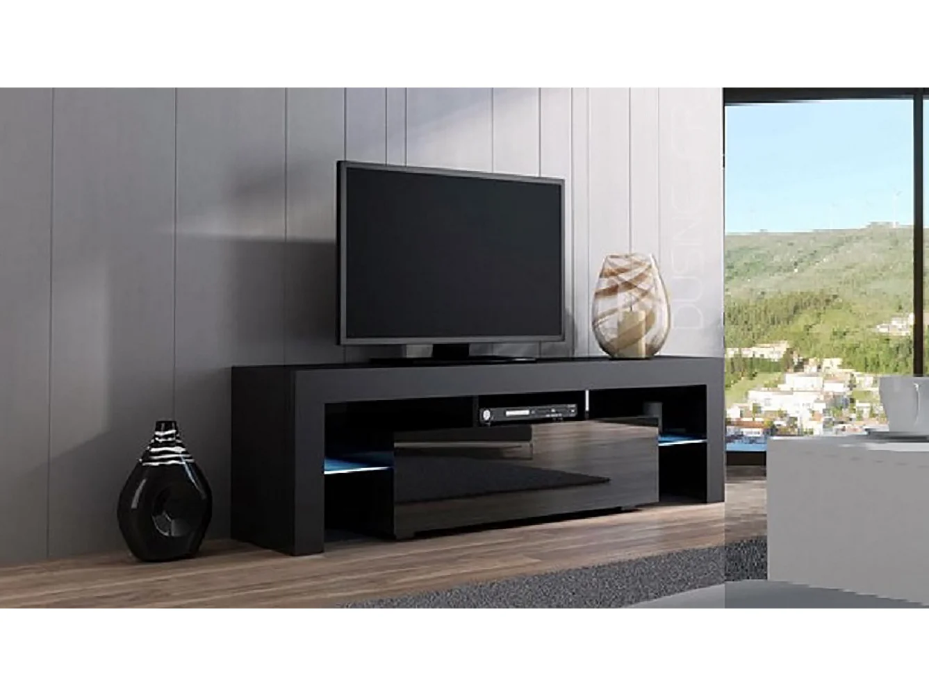 Meuble TV SPIDER A LED en MAT Noir avec porte Noir Laqué 160 cm