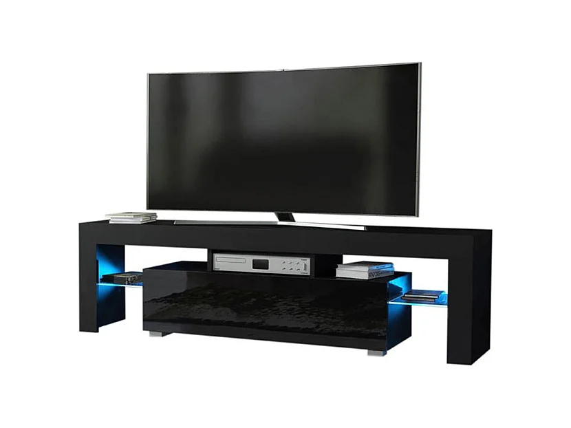 Meuble TV SPIDER A LED en MAT Noir avec porte Noir Laqué 160 cm