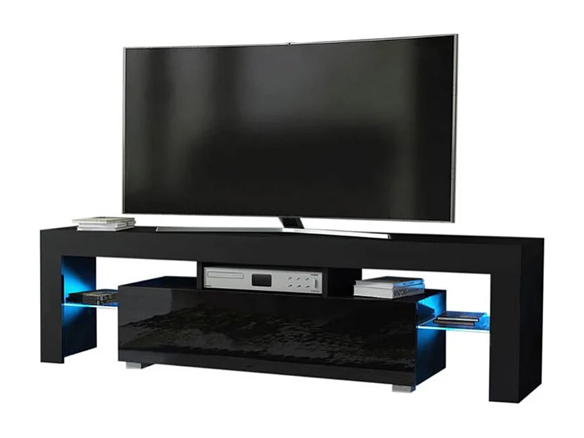 Meuble TV SPIDER A LED en MAT Noir avec porte Noir Laqué 160 cm