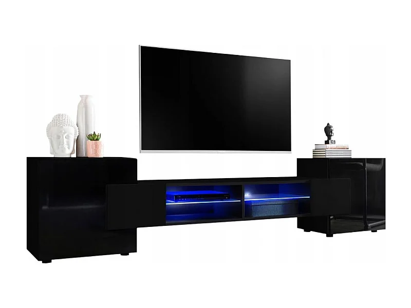 MEUBLE TV PABLO 230 cm avec LED Noir Mat et Noir Laqué