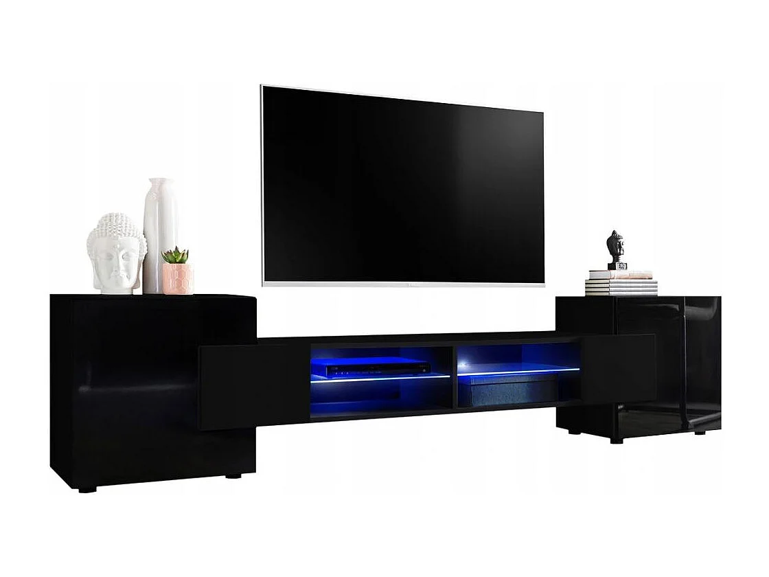MEUBLE TV PABLO 230 cm avec LED Noir Mat et Noir Laqué