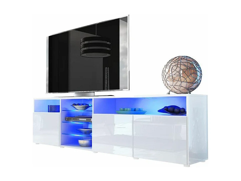 MEUBLE TV MASSIMO 200 cm Blanc Mat et portes Blanc Laquées LED RGB