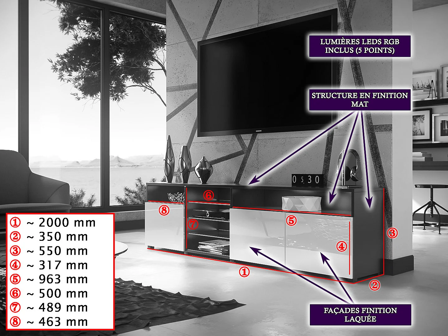 MEUBLE TV MASSIMO 200 cm Blanc Mat et portes Blanc Laquées LED RGB