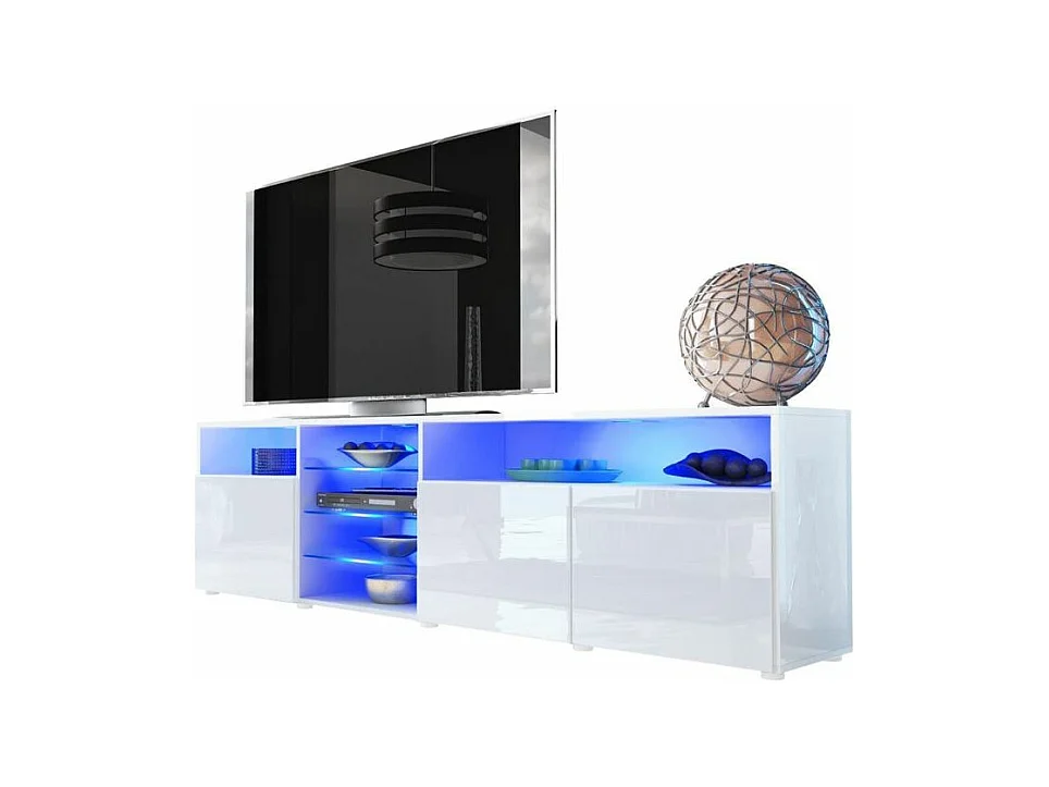 MEUBLE TV MASSIMO 200 cm Blanc Mat et portes Blanc Laquées LED RGB