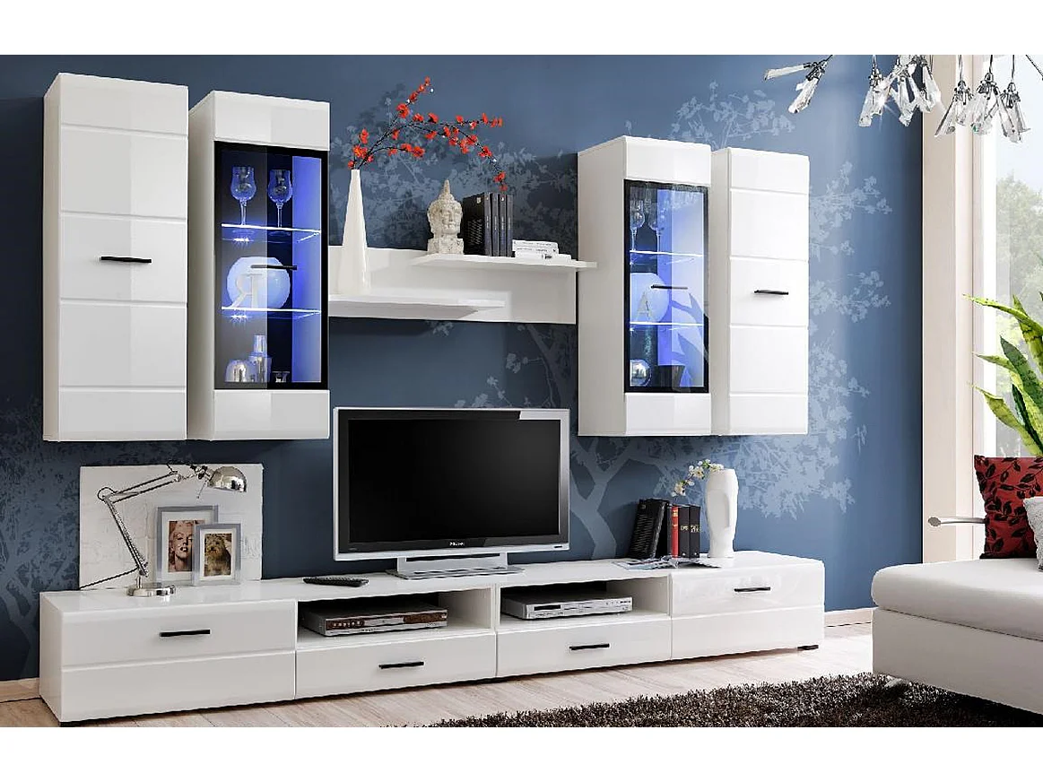 Meubles design ALLURE 280 cm Blanc Laqué avec LED pour TV et BOX