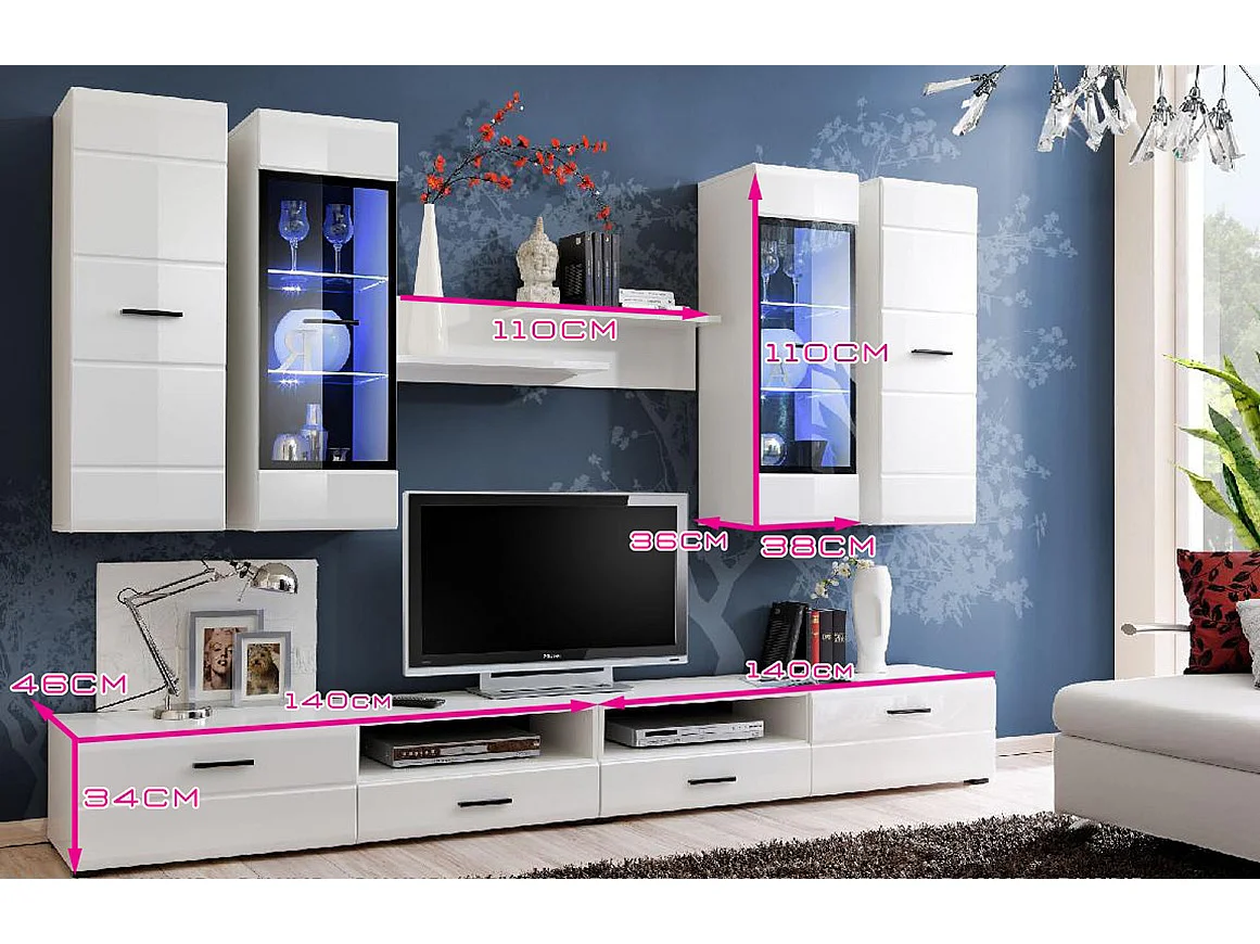 Meubles design ALLURE 280 cm Blanc Laqué avec LED pour TV et BOX