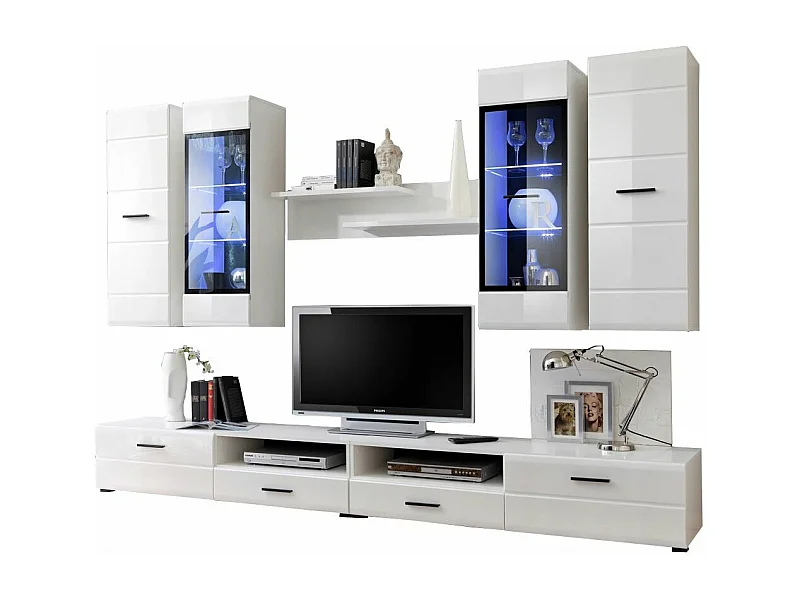 Meubles design ALLURE 280 cm Blanc Laqué avec LED pour TV et BOX