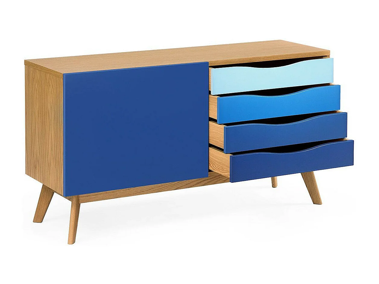 Buffet 4 Tiroirs & 1 Porte "Avon" 128cm Chêne & Bleu Foncé