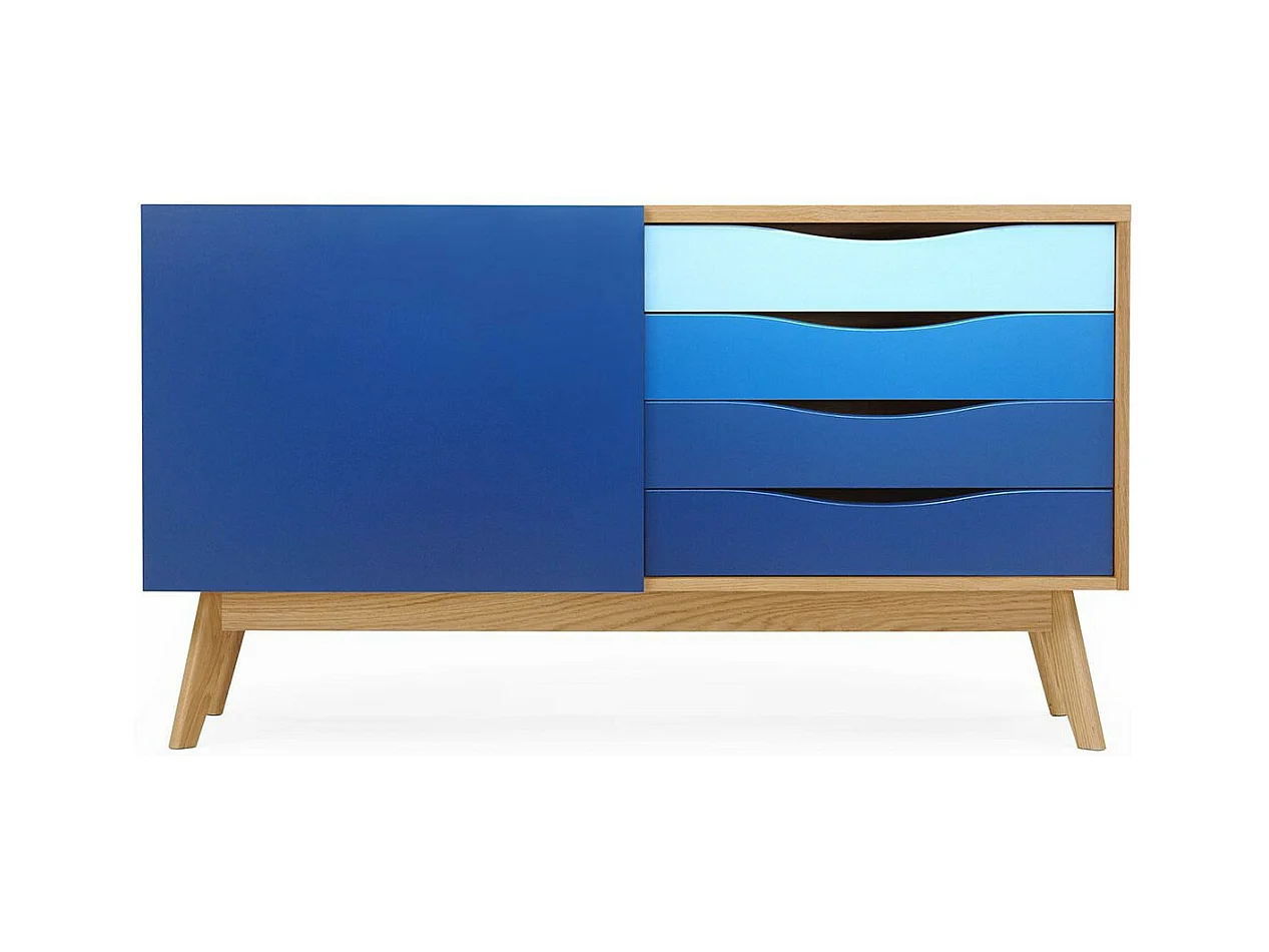 Buffet 4 Tiroirs & 1 Porte "Avon" 128cm Chêne & Bleu Foncé
