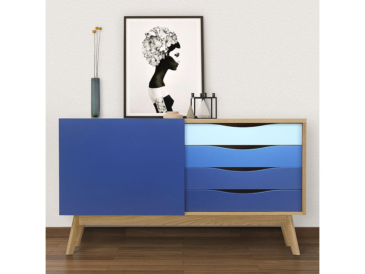 Buffet 4 Tiroirs & 1 Porte "Avon" 128cm Chêne & Bleu Foncé