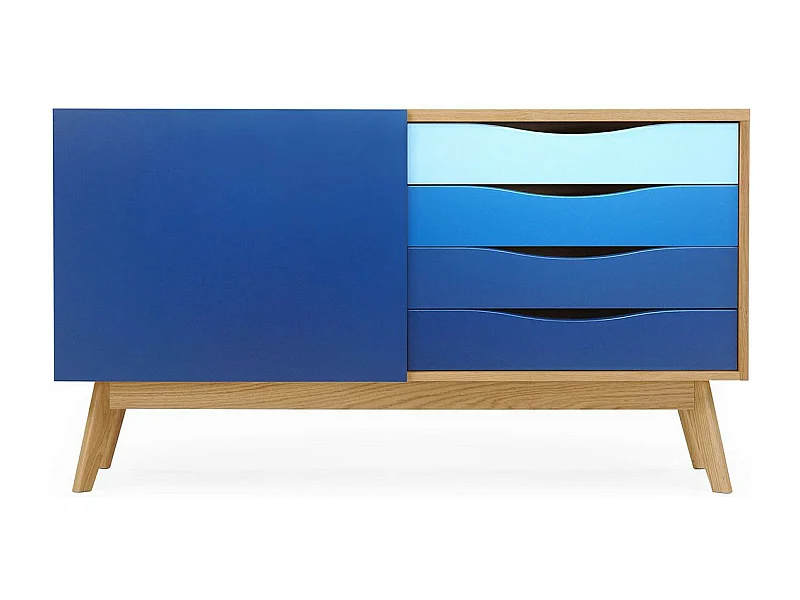 Buffet 4 Tiroirs & 1 Porte "Avon" 128cm Chêne & Bleu Foncé