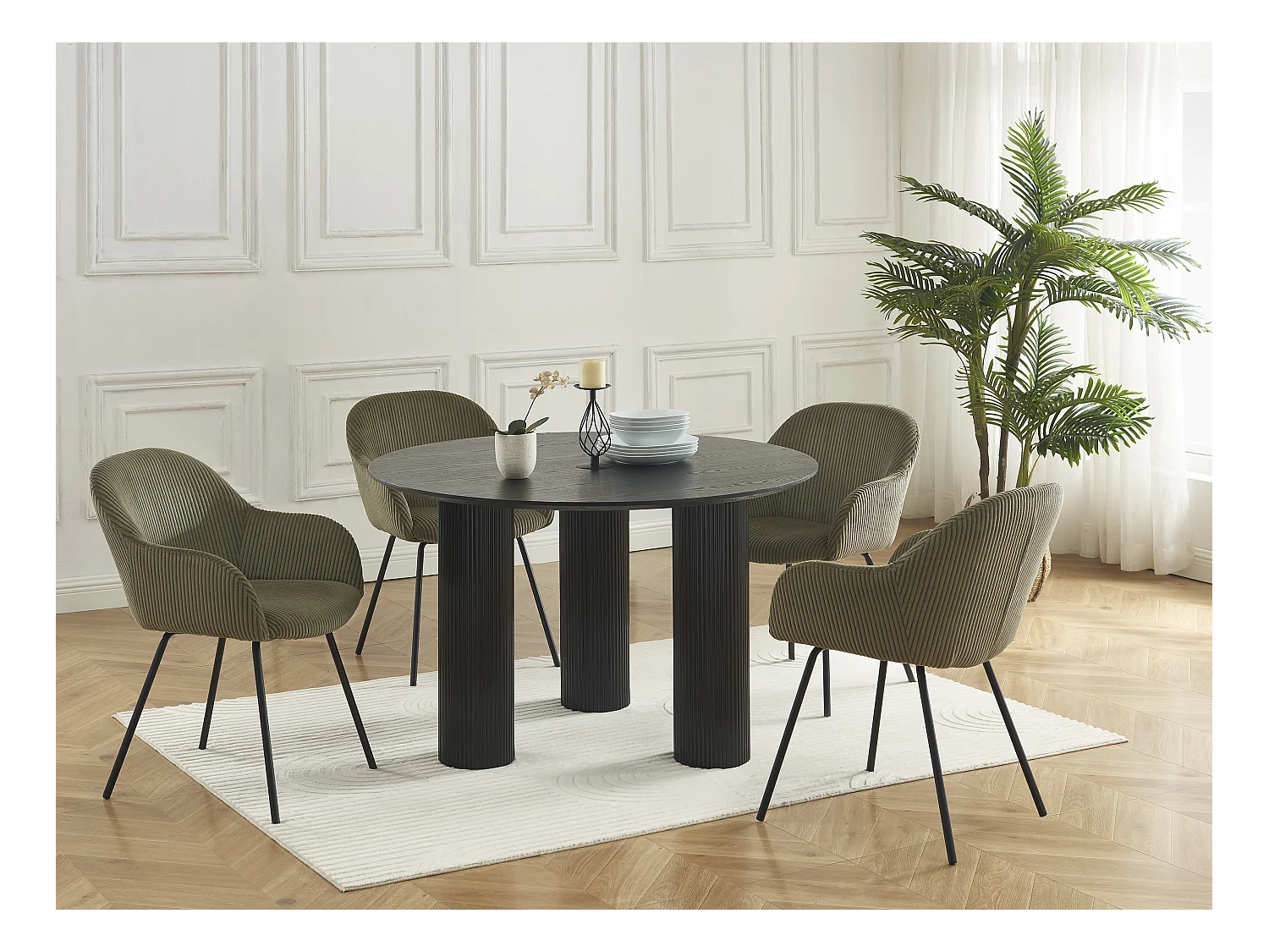 Lot de 6 chaises avec accoudoirs en velours côtelé et métal noir - Kaki - MARENZIA