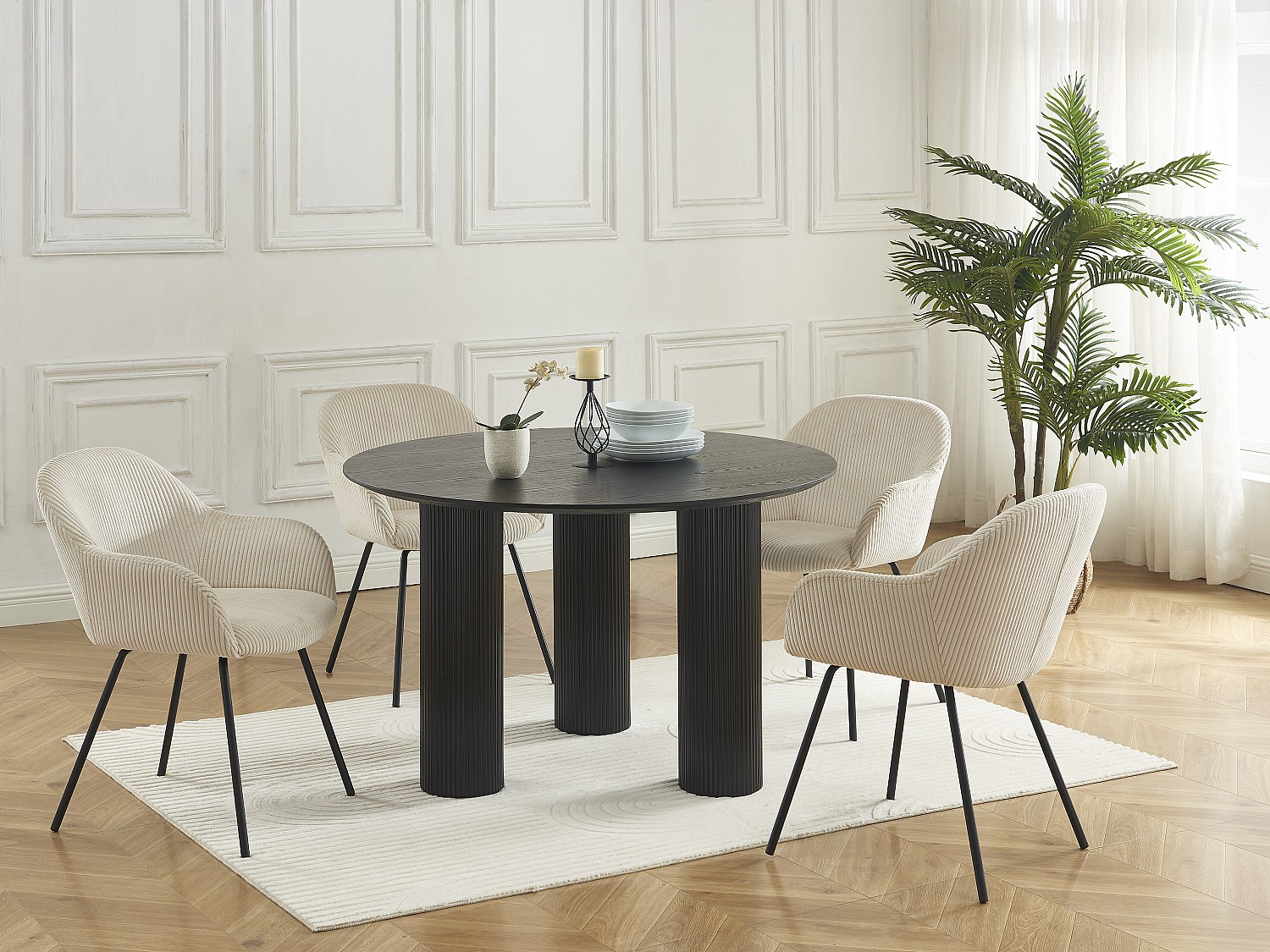 Stuhl mit Armlehnen 6er-Set - Cord & schwarzes Metall - Beige - MARENZIA günstig online kaufen