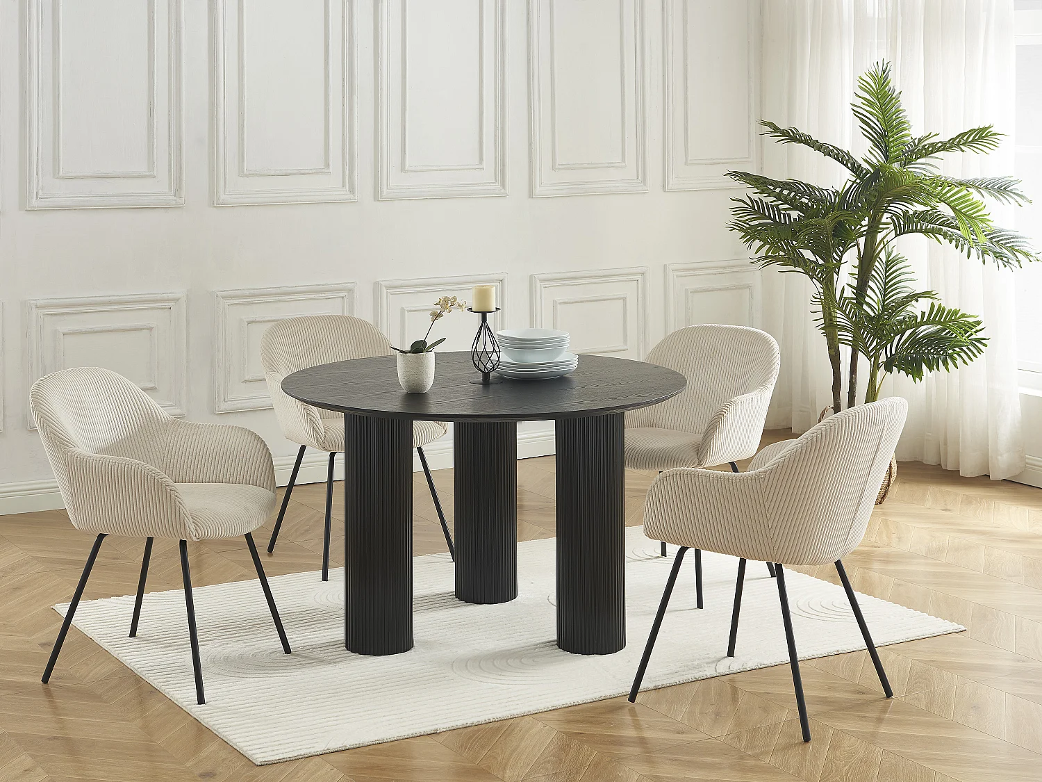 Lot de 6 chaises avec accoudoirs en velours côtelé et métal noir - Beige - MARENZIA