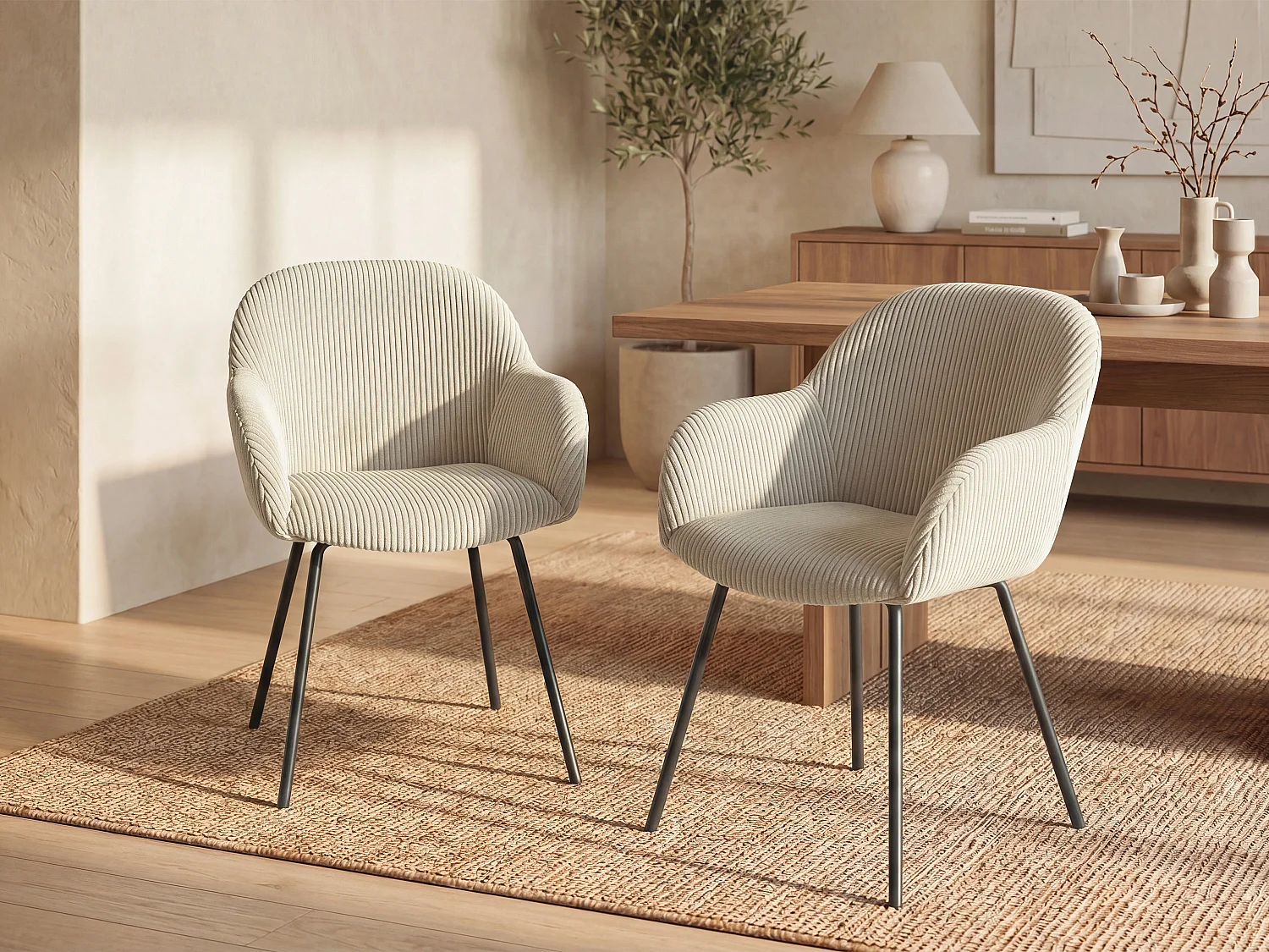 Sedia con braccioli in Velluto a coste e Metallo Nero Beige  - Lotto di 6 - MARENZIA