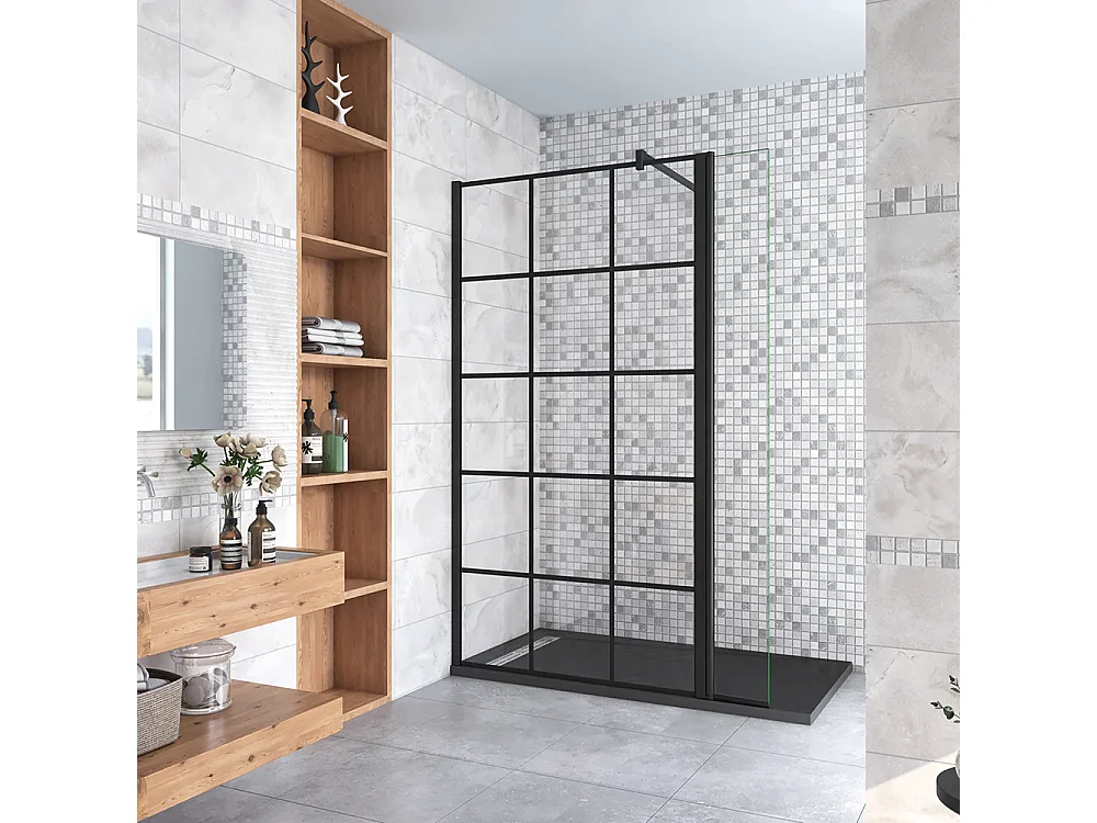 Painel de duche Movível Treliça quadrada serigrafada 2folhas Vidro 8mm Anticalcário com Barra Preta 140cm Tamanho[(113.9-115.9)+30]x200cm-AICA