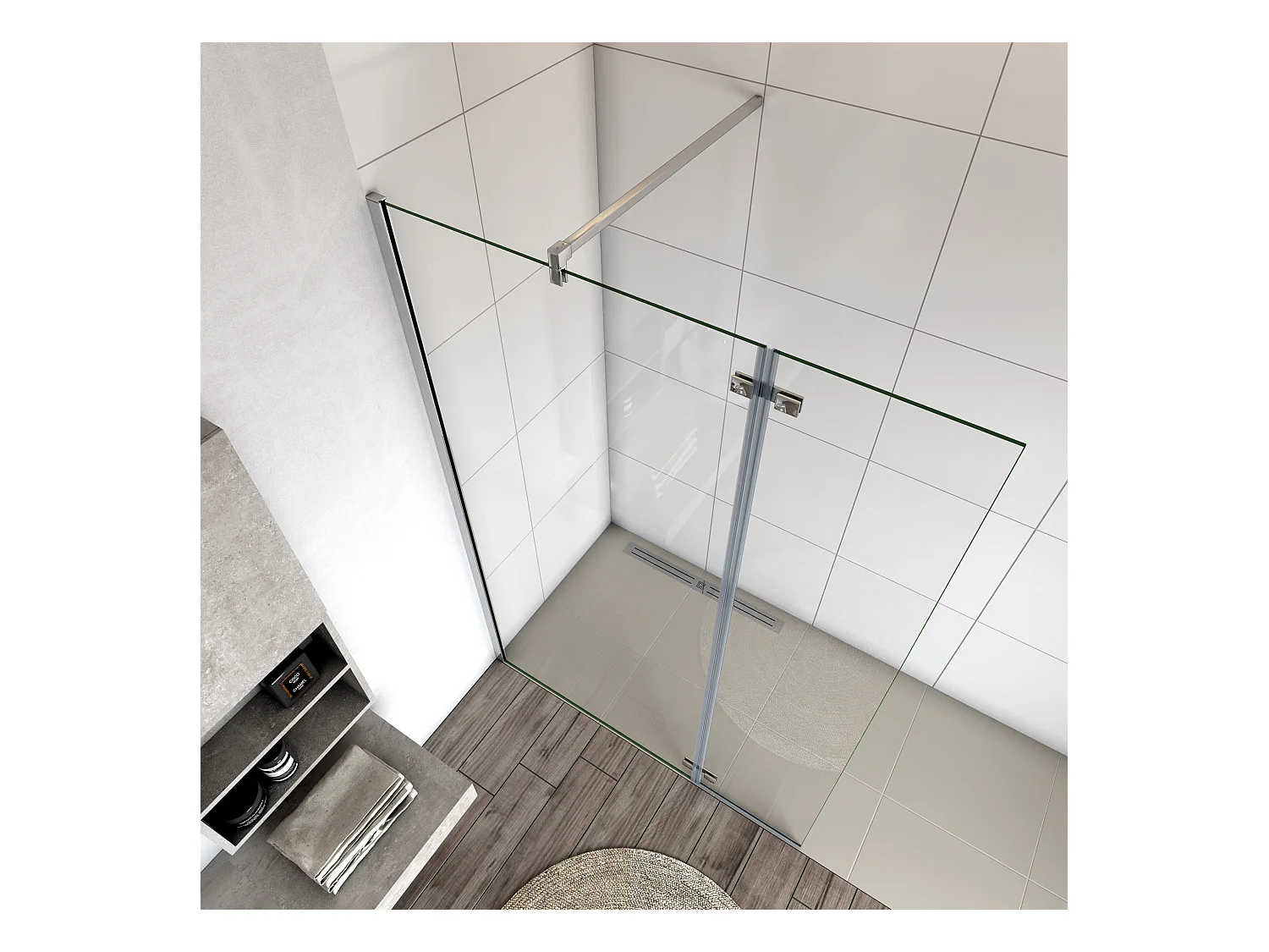 Walkin Mampara Panel de ducha 2 hojas con Bisagra Panel fijo+giratorio Vidrio Antical 8mm con Barra Fija 140cm Perfil Cromado ([88-90]+40)x200cm-AICA