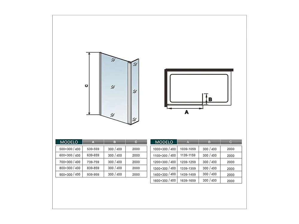 Painel de duche Movível 2 folhas um Painel fixo+um lado giratório Vidro 8mm Anti-calcário com Barra1 90cm Tamanho[(53.9-55.9)+40]x200cm-AICA