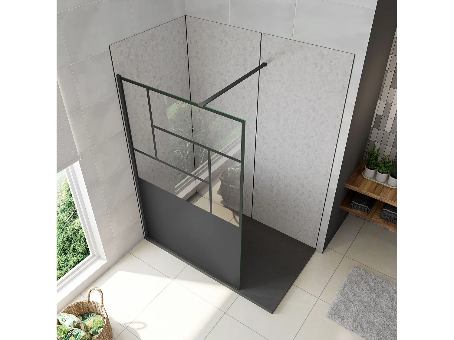 Walkin painel de duche ecrã fixo estilo industrial vidro anti-cal 8mm com perfil preto fosco bar1 90cm,(1177-1200)x2000mm-AICA