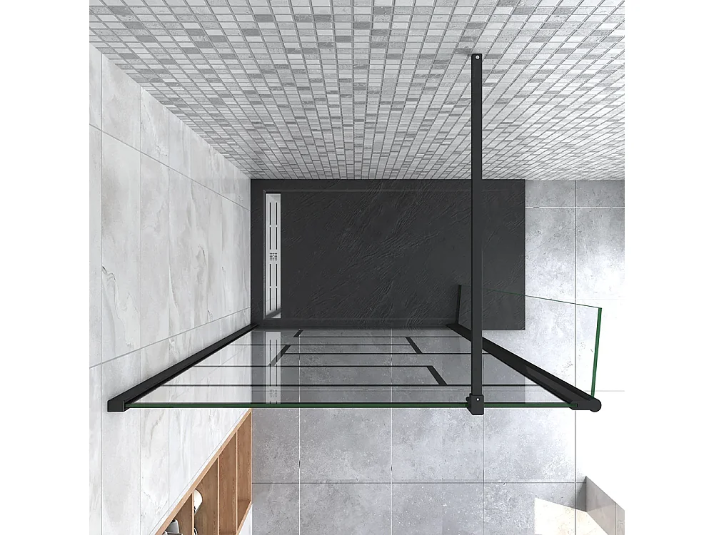 Painel de duche Movível Linha preta serigrafia 2 folhas Vidro 8mm Anticalcário com Barra Preta fosca 90cm Tamanho[(93.9-95.9)+30]x200cm-AICA