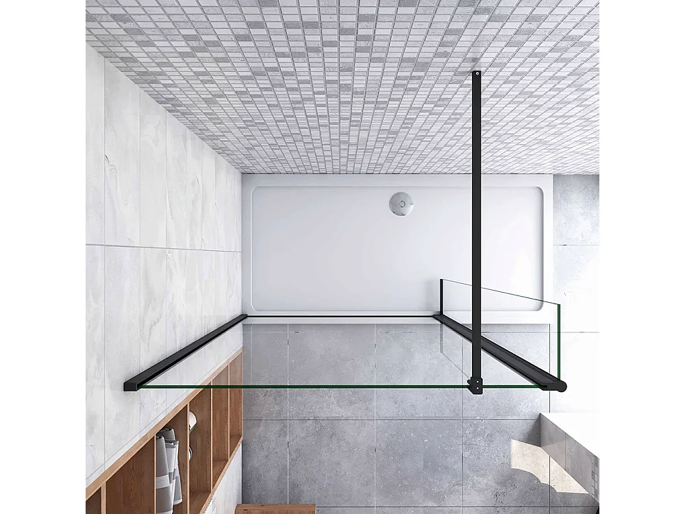 Painel de duche Movível 2 folhas Painel fixo+Lado giratório Vidro 8mm Anti-calcário com Barra Preta fosca 90cm Tamanho[(123.9-125.9)+30]x200cm-AICA