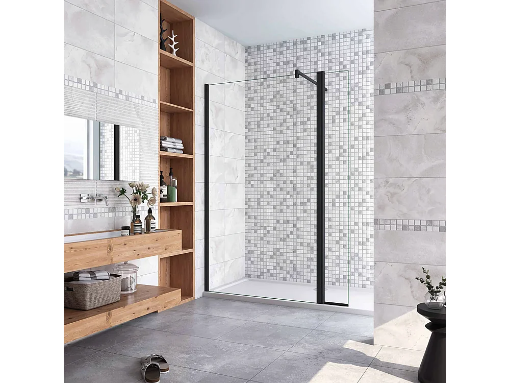 Painel de duche Movível 2 folhas Painel fixo+Lado giratório Vidro 8mm Anti-calcário com Barra Preta fosca 90cm Tamanho[(123.9-125.9)+30]x200cm-AICA