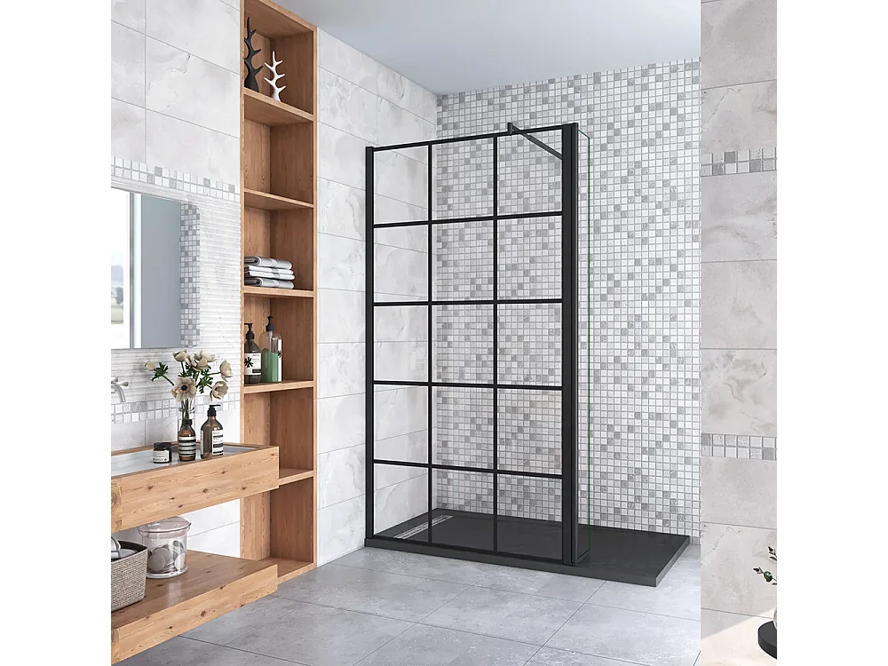 Painel de duche Movível Treliça quadrada serigrafada 2folhas Vidro 8mm Anticalcário com Barra Preta 70-120cm Tamanho[(103.9-105.9)+30]x200cm-AICA