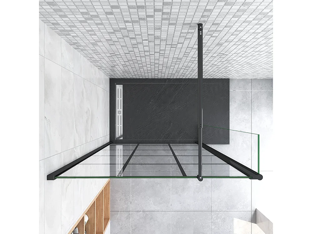 Painel de duche Movível Treliça quadrada serigrafada 2folhas Vidro 8mm Anticalcário com Barra Preta 70-120cm Tamanho[(103.9-105.9)+30]x200cm-AICA