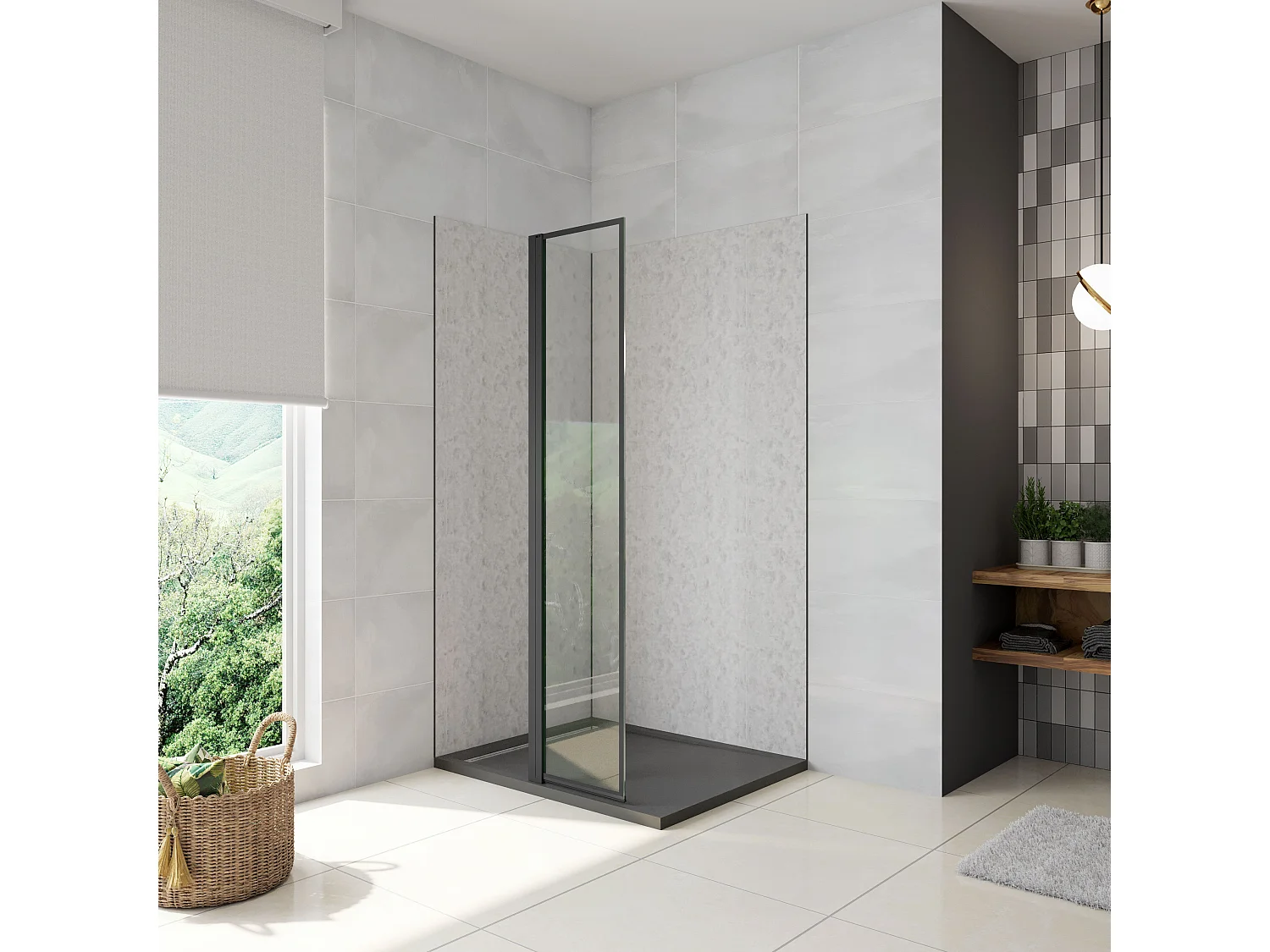 Panel de ducha Lateral giratorio borde de serigrafía negra Vidrio 6mm Antical con Perfil Negro Mate,40x200cm-AICA