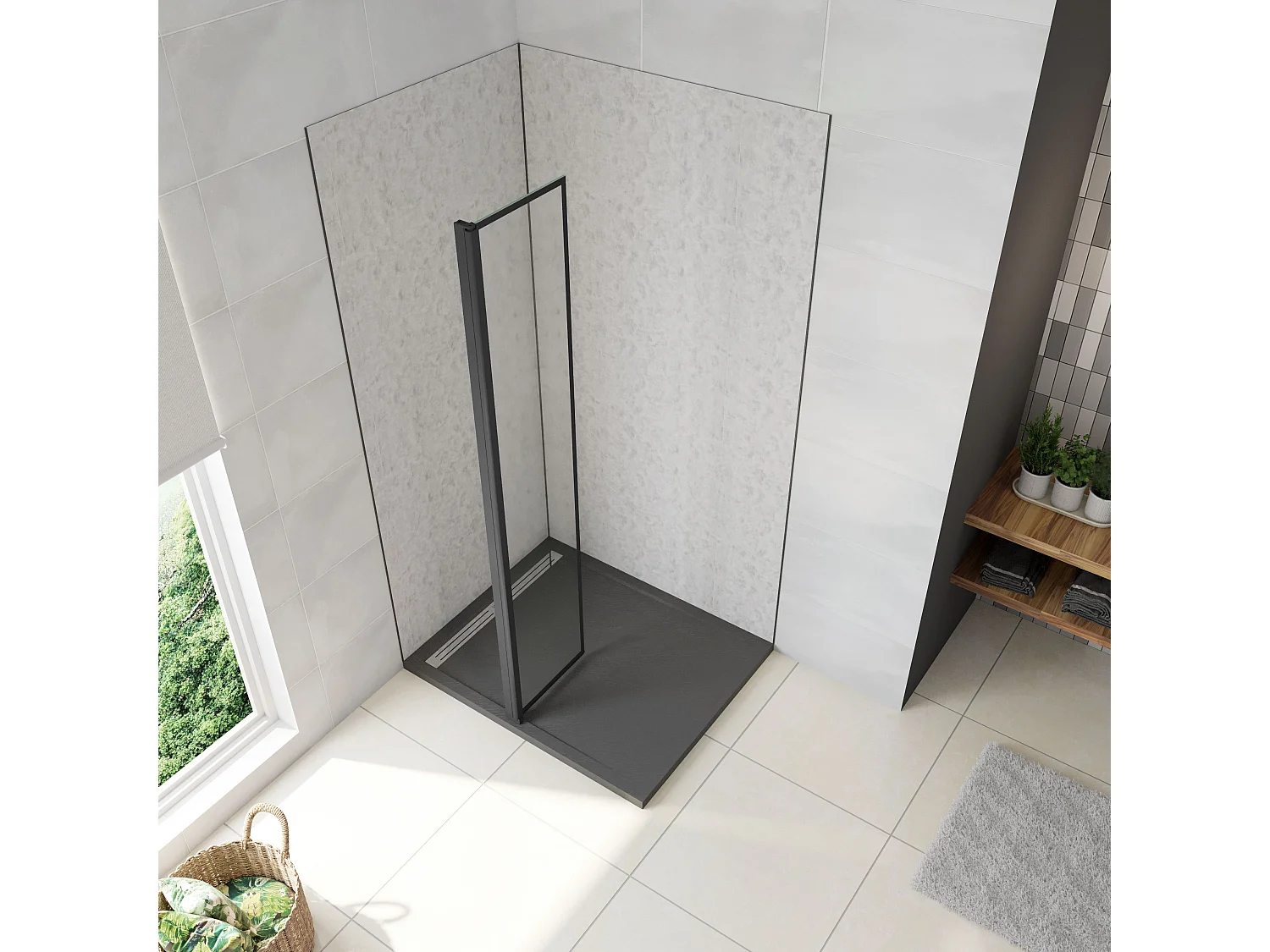 Panel de ducha Lateral giratorio borde de serigrafía negra Vidrio 6mm Antical con Perfil Negro Mate,40x200cm-AICA