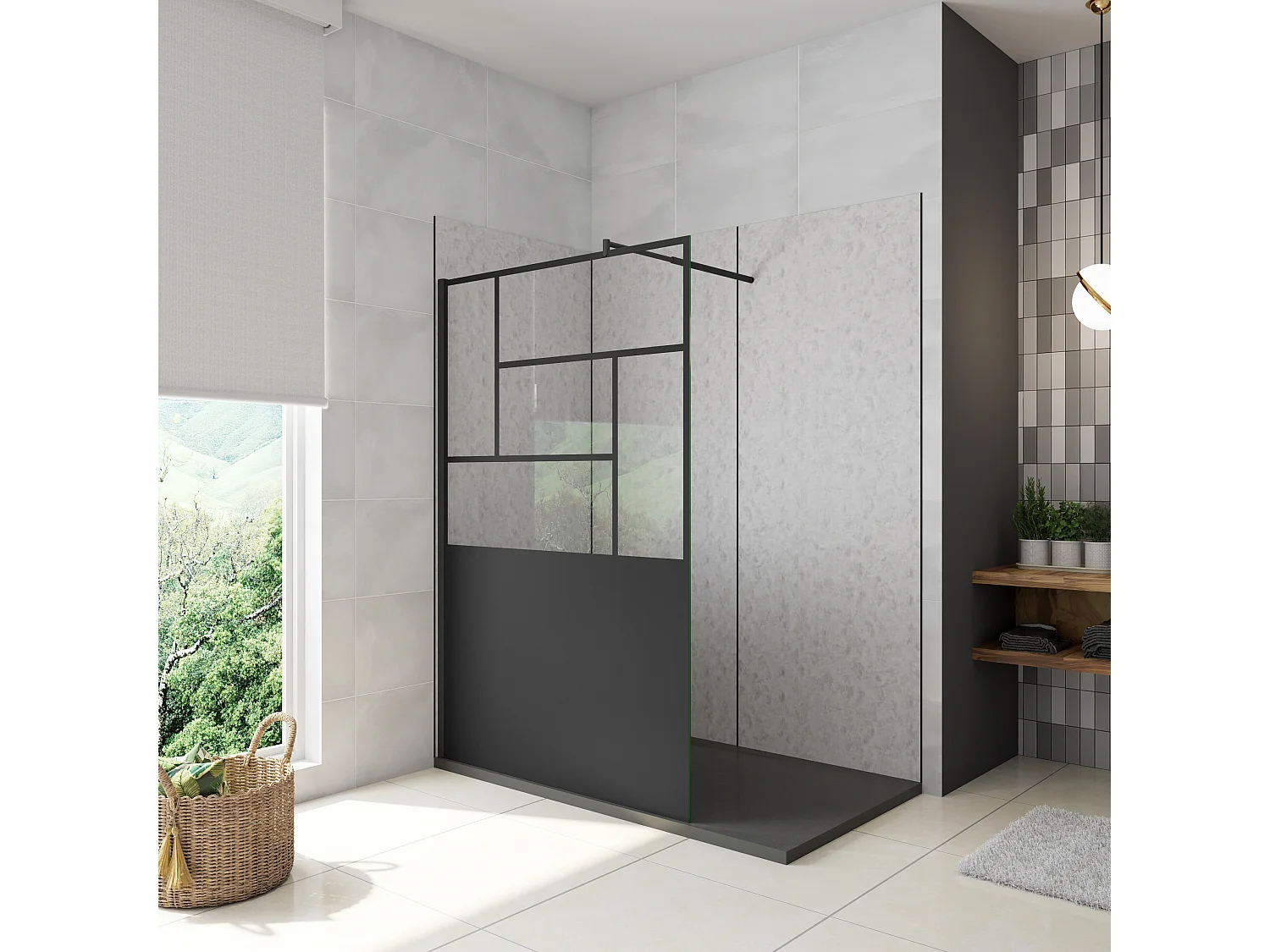 Walkin Mampara Panel de ducha Pantalla Panel Fijo estilo industrial Cristal Antical 8mm con Barra 70-120cm Perfil Negro Mate,(977-1000)x2000mm-AICA