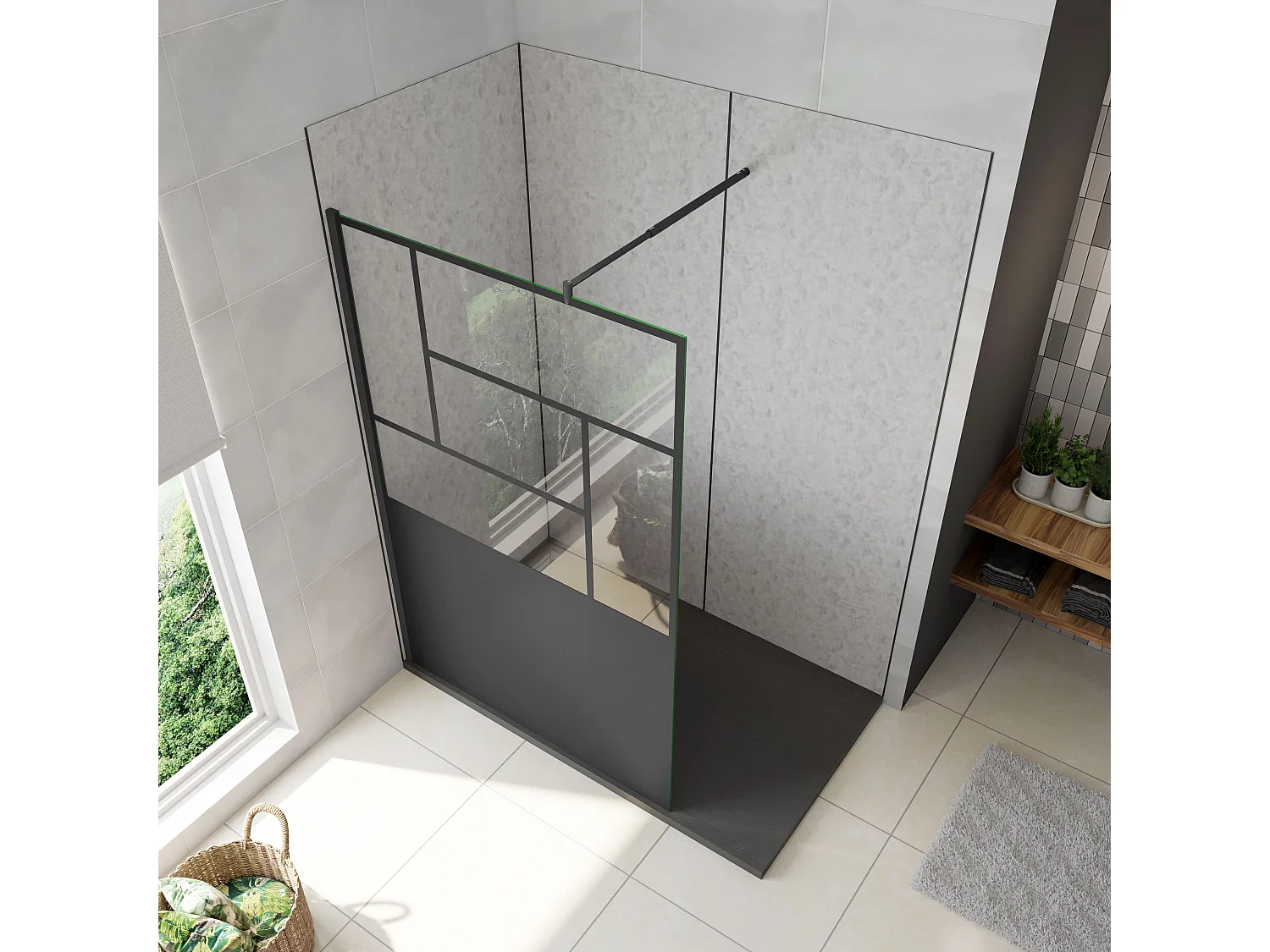 Walkin Mampara Panel de ducha Pantalla Panel Fijo estilo industrial Cristal Antical 8mm con Barra 70-120cm Perfil Negro Mate,(977-1000)x2000mm-AICA