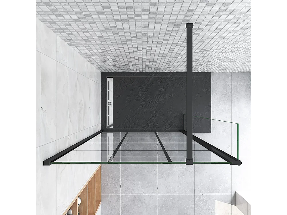 Painel de duche Movível Serigrafia em treliça quadrada 2 folhas Vidro 8mm Anti-calcário com Barra1 Preta fosca 90cm Tamanho[(83.9-85.9)+30]x200cm-AICA