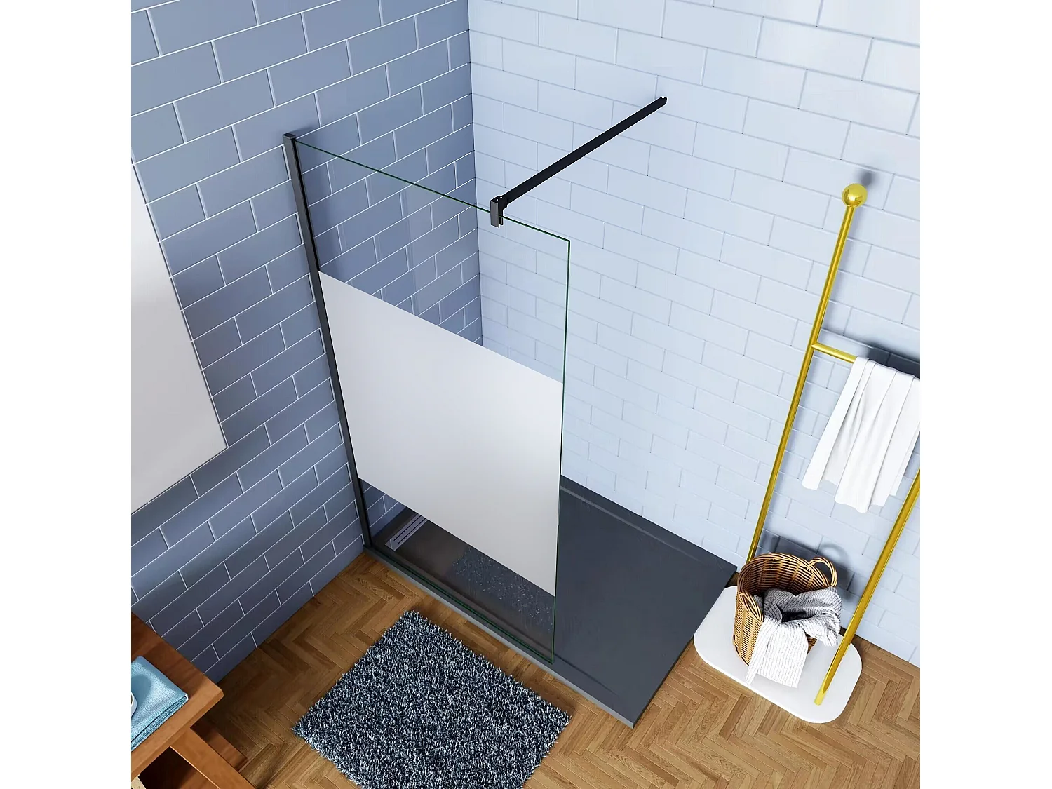 Panel de ducha Serigrafiado Central Vidrio 8mm con Película de Seguridad a Prueba de Explosiones (88-90)x200cm con Barra Negra mate 140cm-AICA