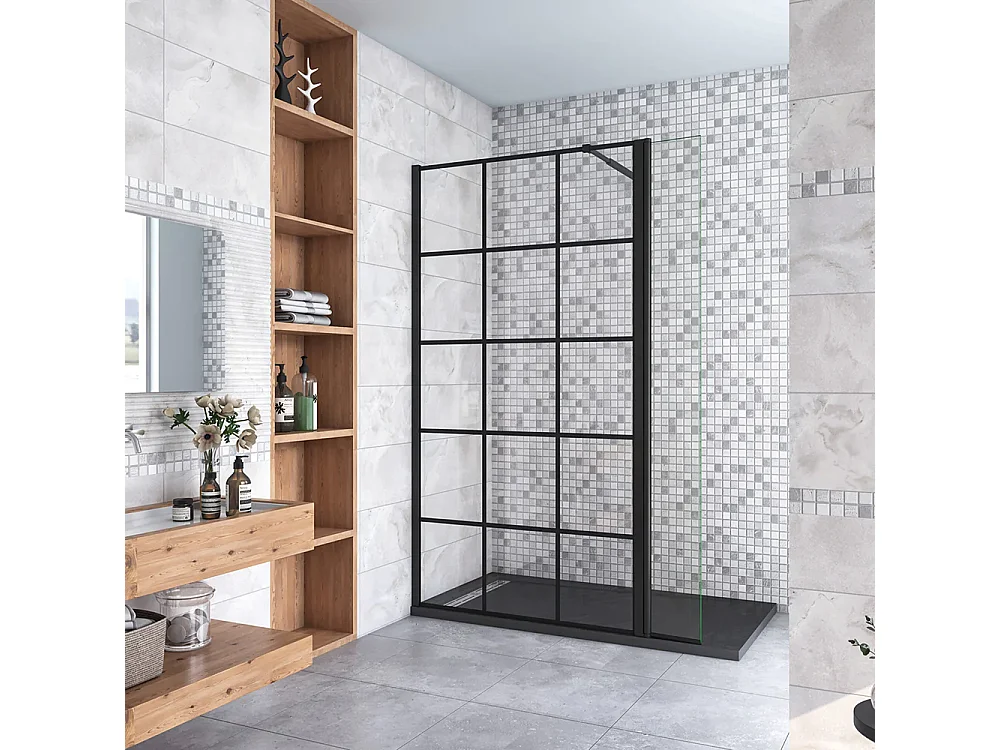 Walkin Mampara Panel de ducha Serigrafiado de celosía cuadrada 2hojas Vidrio 8mm Antical con Barra Negra 73-120cm Tamaño[(83.9-85.9)+40]x200cm-AICA