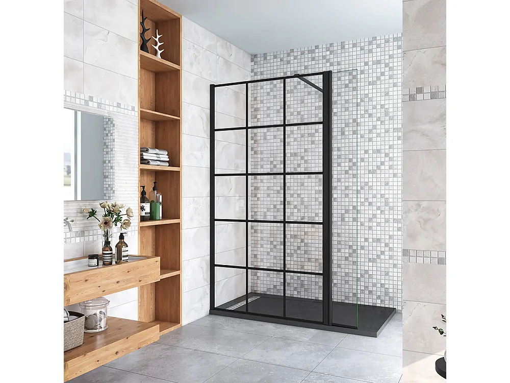 Walkin Mampara Panel de ducha Serigrafiado de celosía cuadrada 2 hojas Vidrio 8mm Antical con Barra1 Negra mate 90cm Tamaño[(93.9-95.9)+40]x200cm-AICA