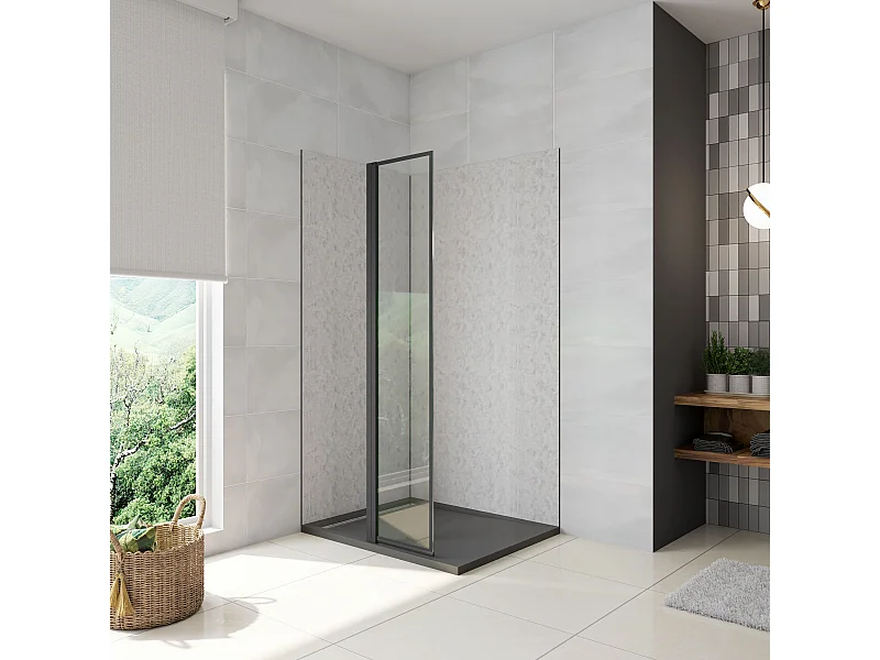 Panel de ducha Lateral giratorio borde de serigrafía negra Vidrio 6mm Antical con Perfil Negro Mate,30x200cm-AICA