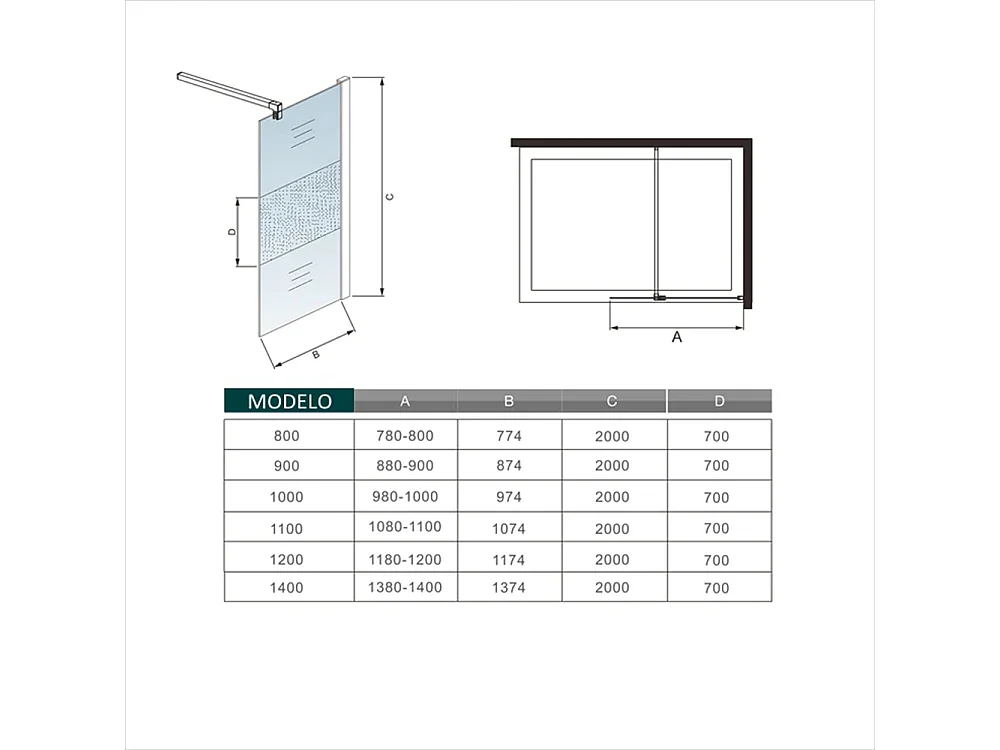 Painel de duche Fixo Impressão de tela central Vidro 8mm com Filme de Segurança à Prova de Explosão (98-100)x200cm com Barra Preta fosca 73-120cm-AICA